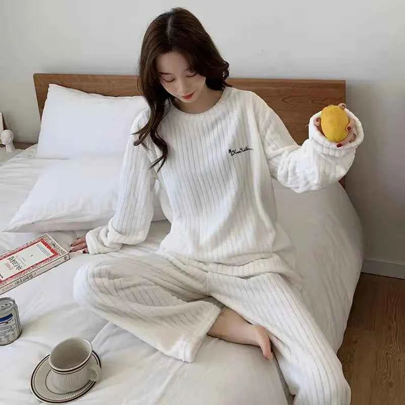 Women Coral Fleece Pajamas Set Winter Flannel Homewear Outfit Loungewear Sleepwear Cozy Warm House Dress Casual Wear