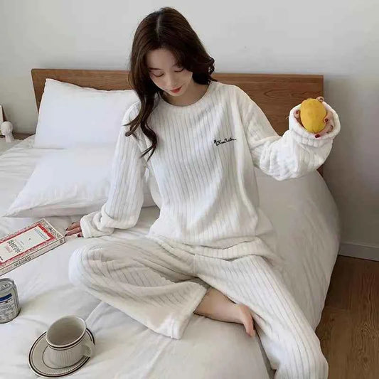 Women Coral Fleece Pajamas Set Winter Flannel Homewear Outfit Loungewear Sleepwear Cozy Warm House Dress Casual Wear