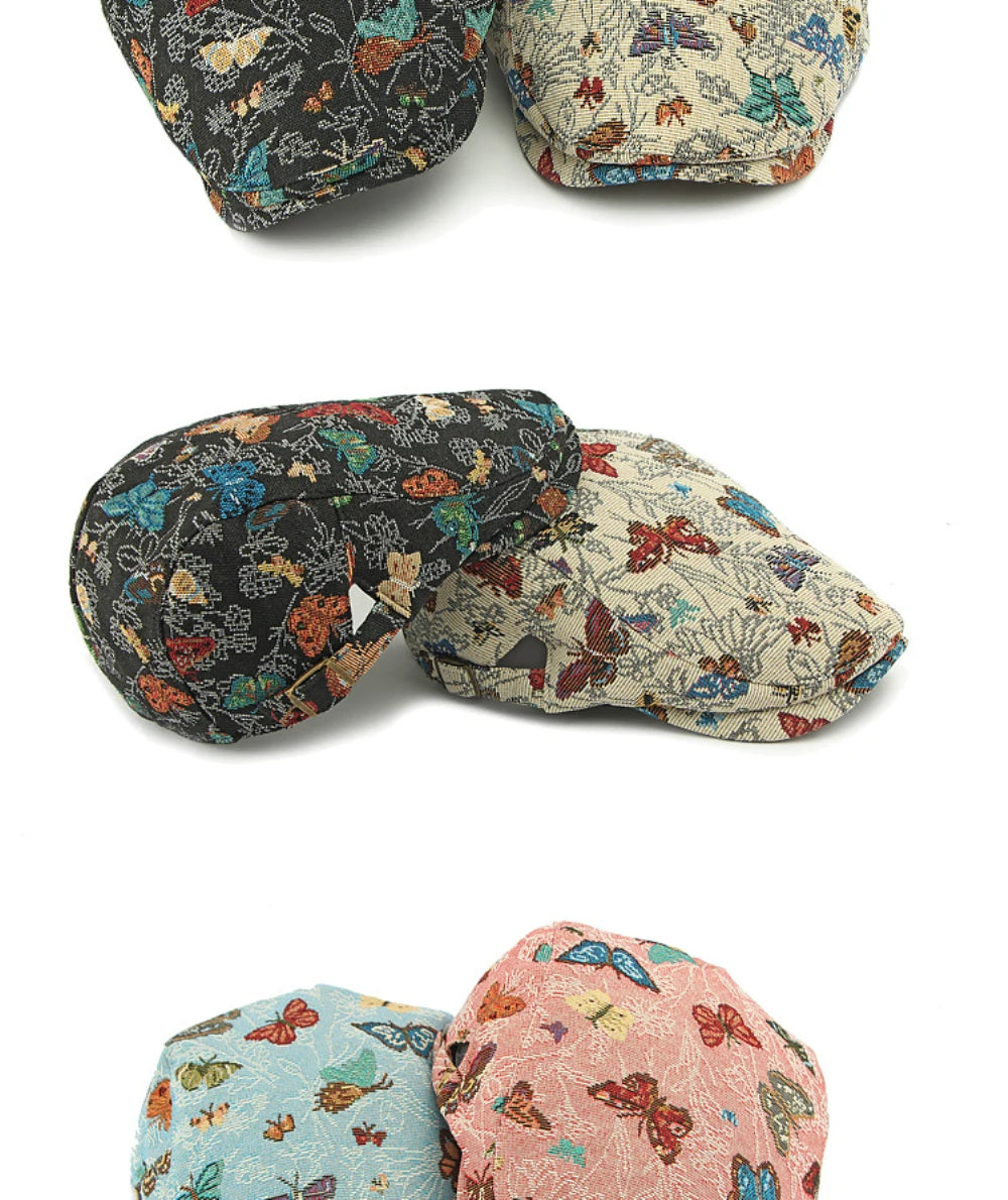 Women's Butterfly Embroidery Cotton Beret Hat - Adjustable Painter Cap