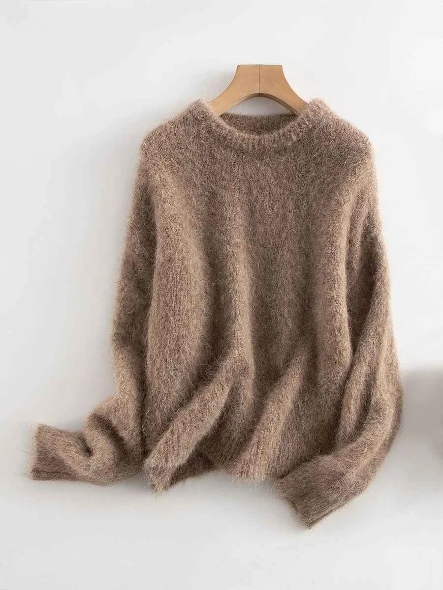 Warm Alpaca Pullovers for Woman, Dropped Sleeved Loose Sweaters, 2025 Fall Winter Top, Camel, Beige
