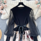 SINGREINY Senior Knitted Patchwork Dress Long Lantern Sleeves Bow Mesh Embroidery Floral Women Autumn France Elegant Party Dress