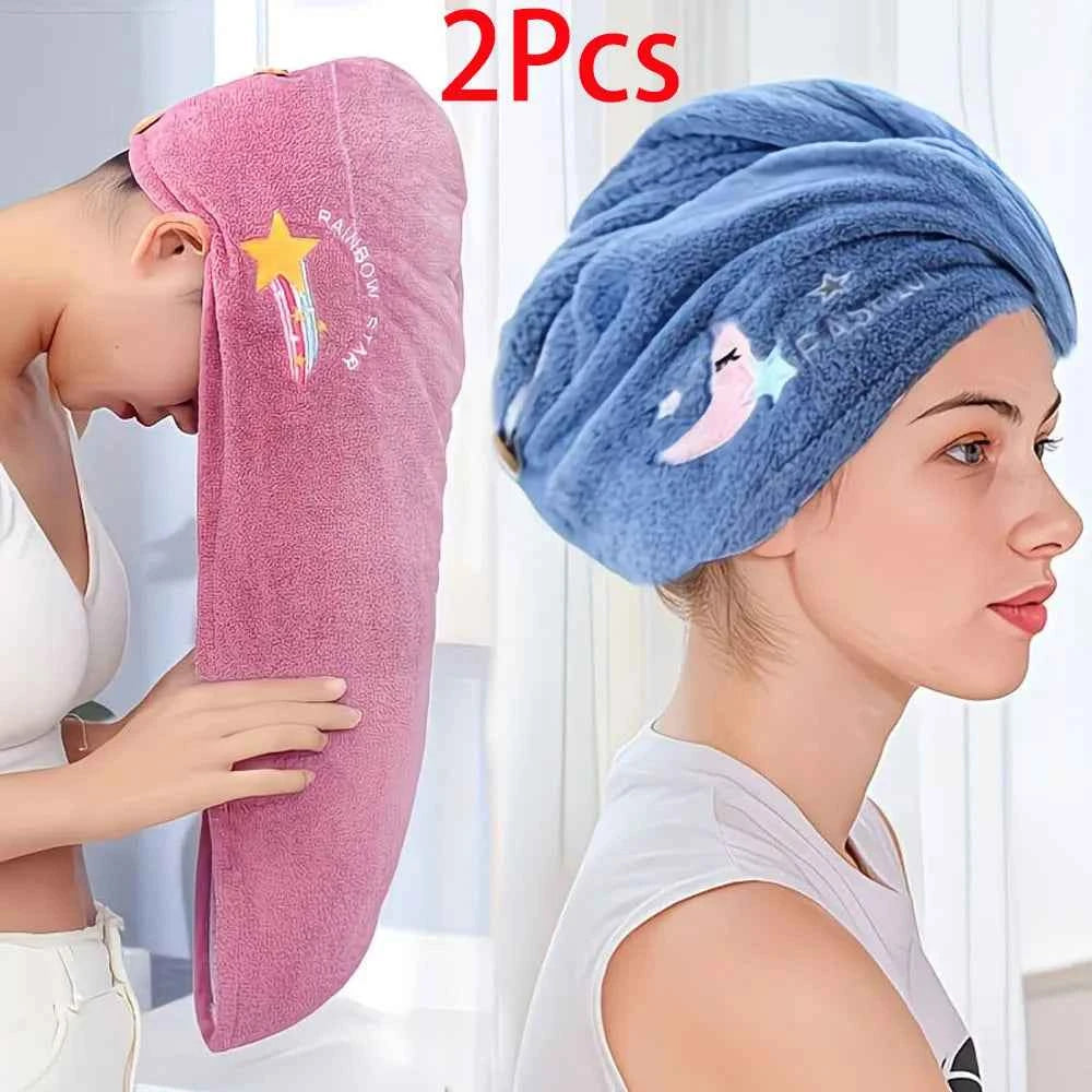 2pc Quick-Dry Super Absorbent Magic Microfiber Hair Drying Towel,Shower Cap & Turban,Soft Polyester Bath Hat with Button Closure