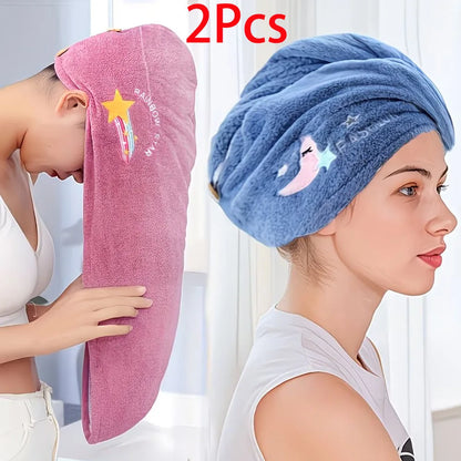 2pc Quick-Dry Super Absorbent Magic Microfiber Hair Drying Towel,Shower Cap & Turban,Soft Polyester Bath Hat with Button Closure