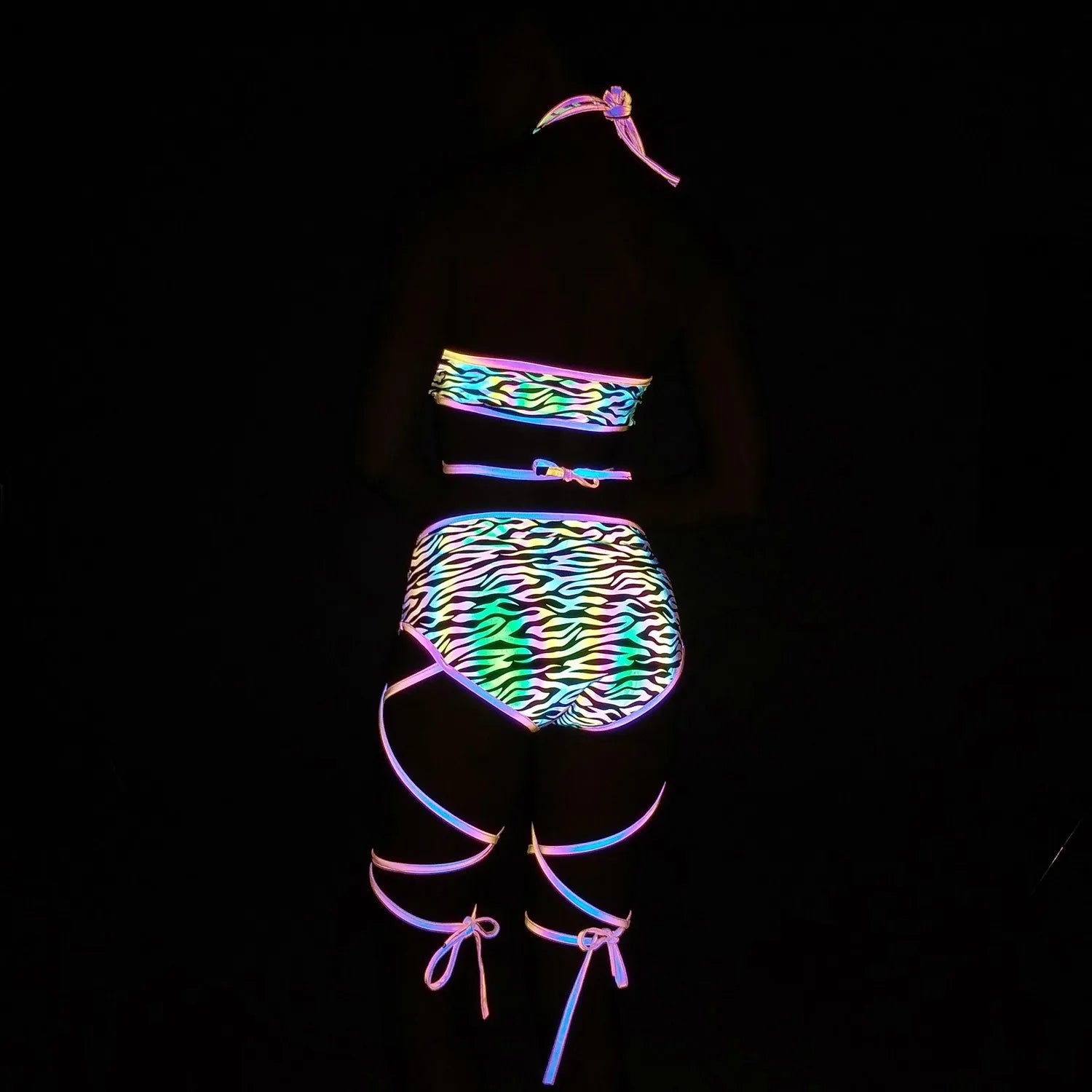 Harajuku Fashion Women Colorful Reflective Set Bandage Shorts+Bra+Crop Top Techwear Clothing Conjuntos Curtos SS69