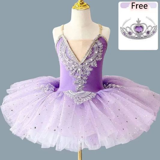 SS69 Girls Ballet Tutu Dress with Crown, Blue and Pink Nylon Dance Costume