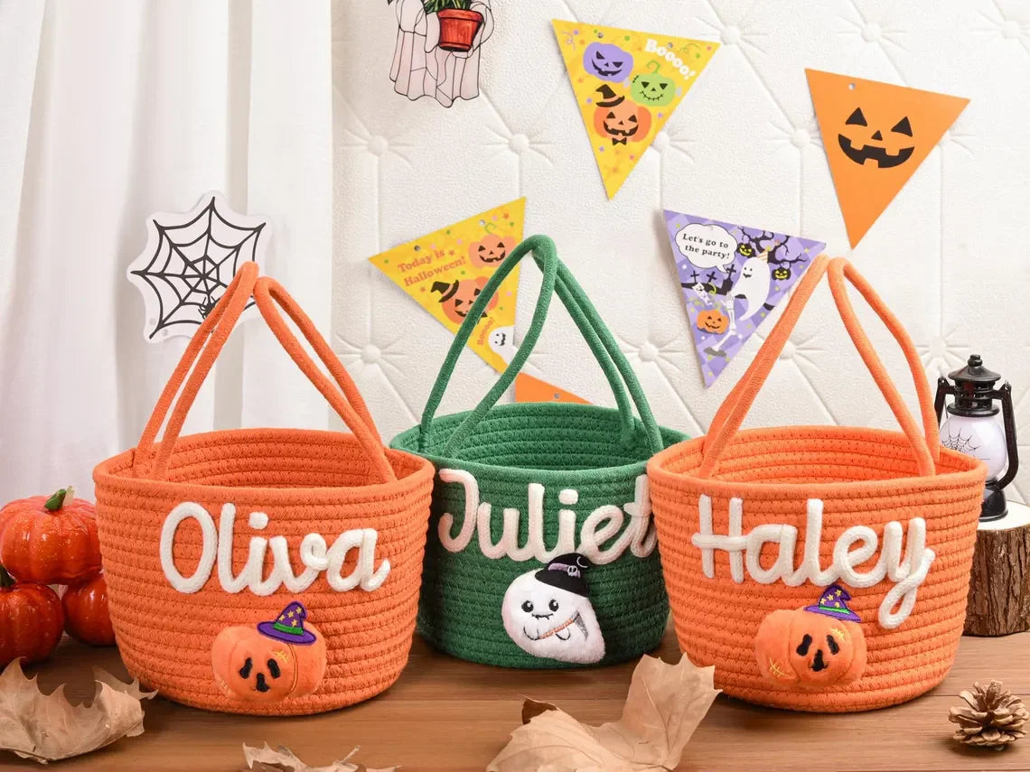 Custom Name Halloween Candy Basket, Personalized Cotton Trick or Treat Bag, Kids Candy Basket, Boo Basket, Halloween Gift,