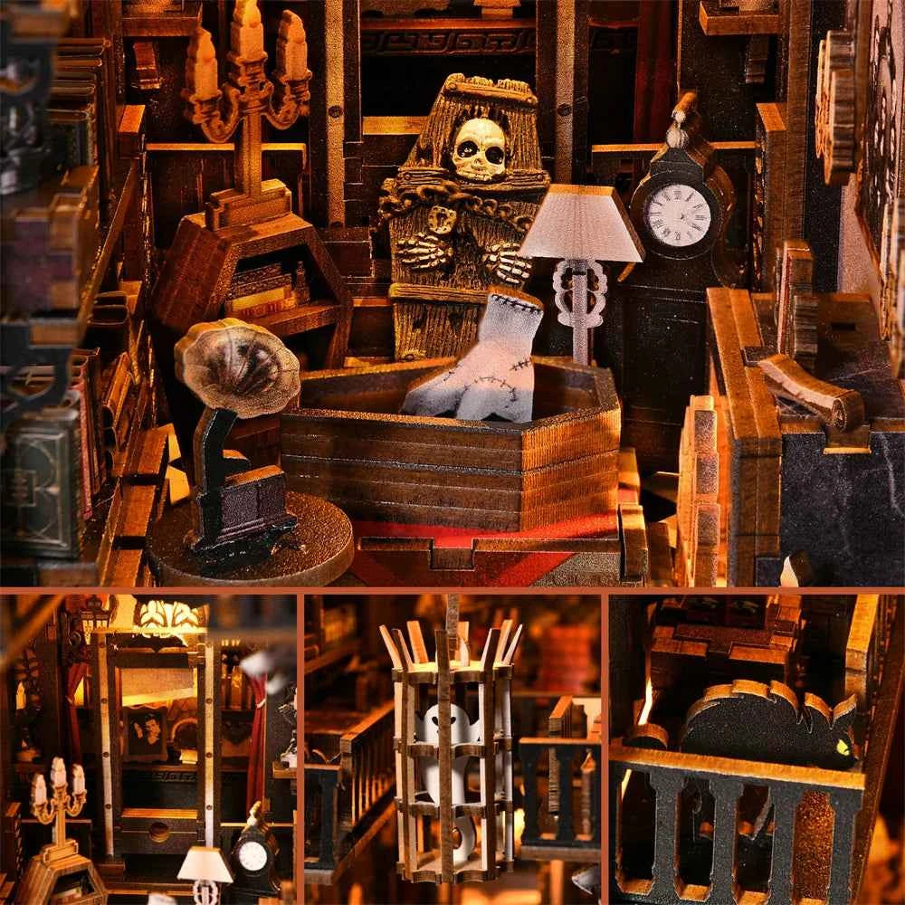 Book Nook Kit Dark Family DIY Wooden Puzzle Gothic style Halloween Bookshelf Dollhouse Model Bookend Building Home Decoration
