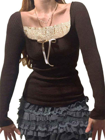 Y2k Women's Long Sleeve Knitted Tops Lace Stitching Neckline Knitwear Bowknot Decoration Slim-Fit Tshirt Pullovers Clubwear