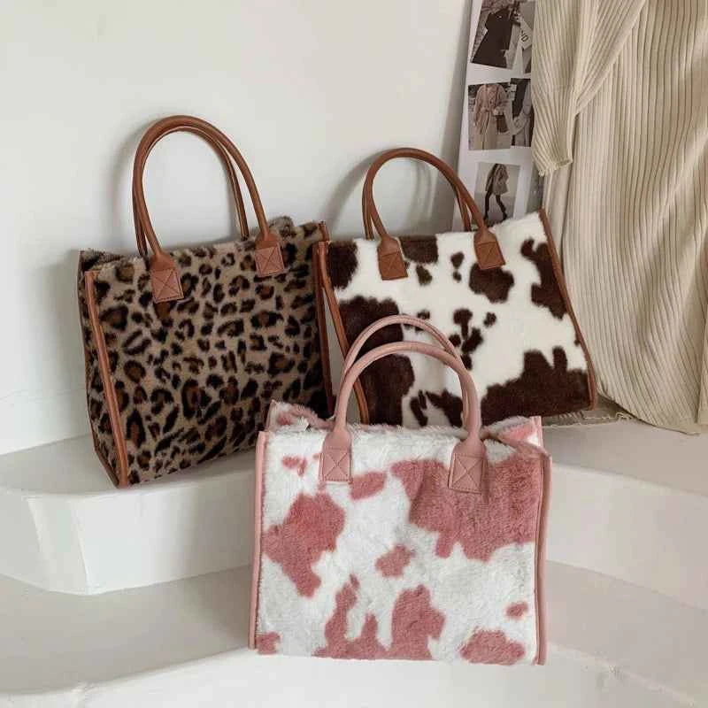 Winter Faux Fur ,Leopard Print Designer Shopper Totes, Fashion Soft Plush Women Shoulder Bags, Large Capacity Handbags and Purse