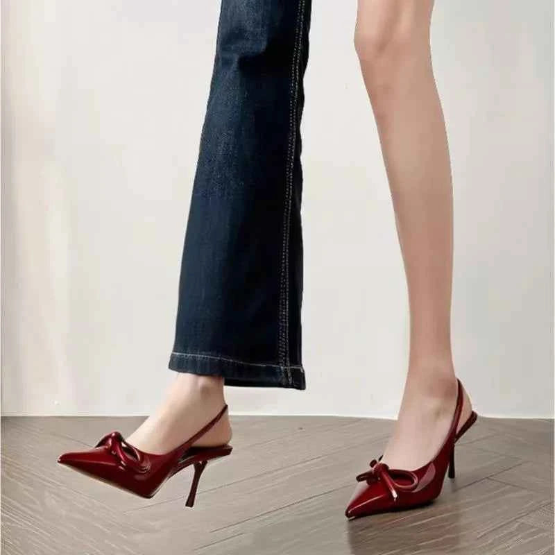 2025 New Butterfly Knot Fashionable Pointed Toe Hollow Back Women's Sandals High Heels Korean Style Spring Autumn Elegant Lad...