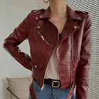 New Leather Jacket Women's Fashion Autumn PU Slim Fit Artificial Leather Motorcycle Coat Black Red Leather Jacket Women