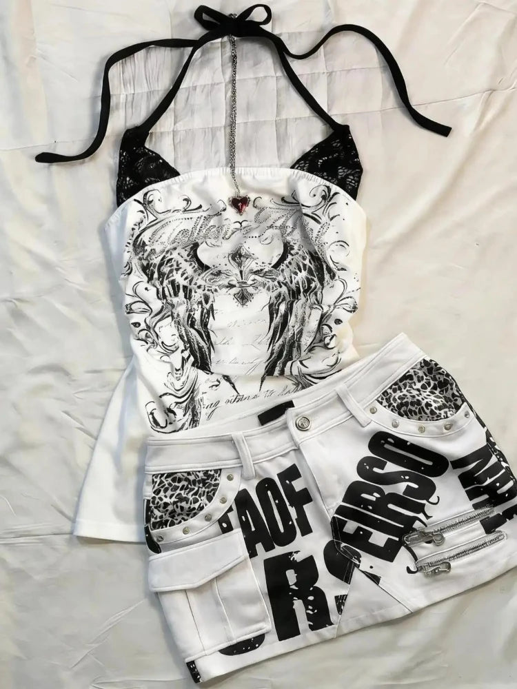 Gothic Punk Sleeveless Tops Women Y2k Cropped Vest Summer Retro Style Tank Top Female Streetwear Printed Casual Slim Fit Tees