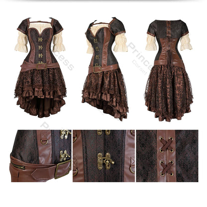 Brown Pirate Dress Plus Size Faxu Leather Steampunk Corset Dress with Shoulder Off Blouse Cosplay Pirate Costume for Women SS69