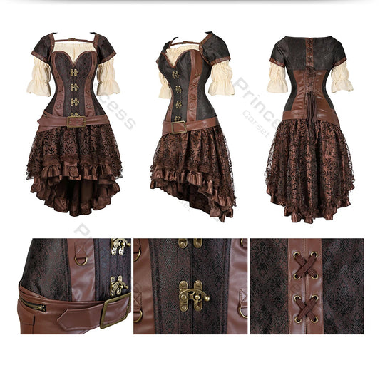 Brown Pirate Dress Plus Size Faxu Leather Steampunk Corset Dress with Shoulder Off Blouse Cosplay Pirate Costume for Women SS69