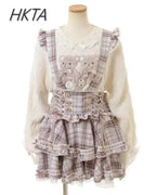 Original Japanese Mines Lolita Strap Skirts Women High Waist and Thin Frilly Pleated Skirt College Style Liz Girl Plaid Skirt