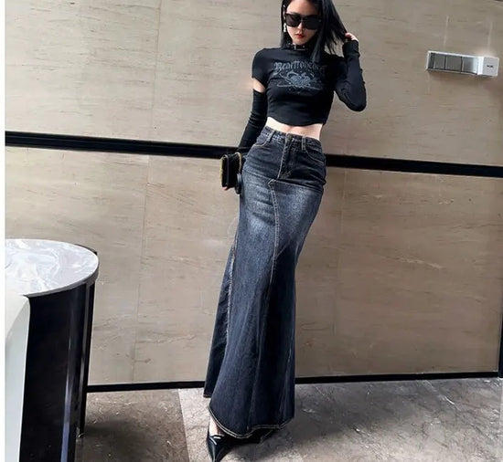 Maxi Skirt Women Casual Mermaid Streatwear High Waist Zipper Denim Skirts Y2k Streetwear Loose Long Mom Jeans Ankle Lenth Summer - SS69
