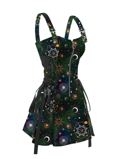 Dressfo 2025 Women's Dresses Allover Rose Print Half Zipper Lace Up Valentine's Day Mini Dress Summer Sleeveless Dress