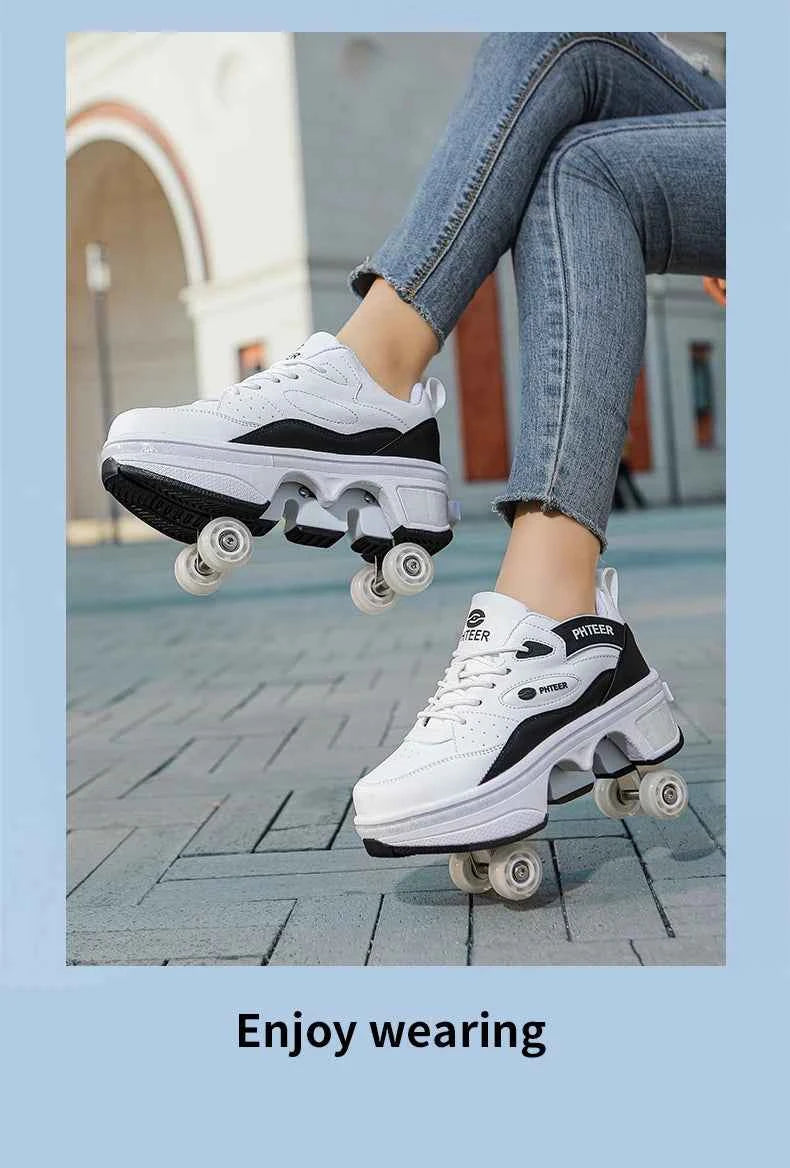 Deformation Shoes Roller Sneakers With 4 Wheels Skates Adult Kids Runaway Parkour Wheels Shoes For Women Men Youth Sport Shoes