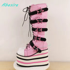 Star-Shaped Belt Buckle Knee High Boots Round Toe Platform Mixed Colors Women's Boots Cute Punk Zipper Patchwork Wedges Shoes