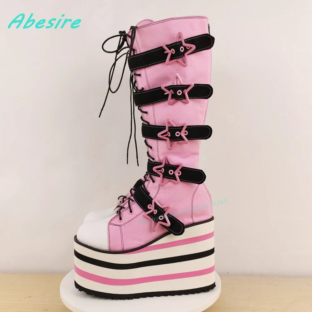 Star-Shaped Belt Buckle Knee High Boots Round Toe Platform Mixed Colors Women's Boots Cute Punk Zipper Patchwork Wedges Shoes