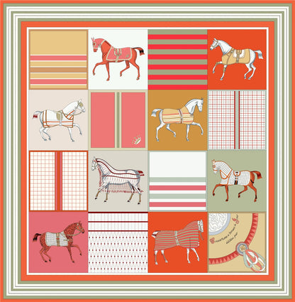 90cm Classic Checkered Horse Brand Square Scarf Women Twill Silk Scarf Shawl Hijab Luxury Bandana Foulard Neckerchief Head Scarf SS69 12.69 2390-21-4