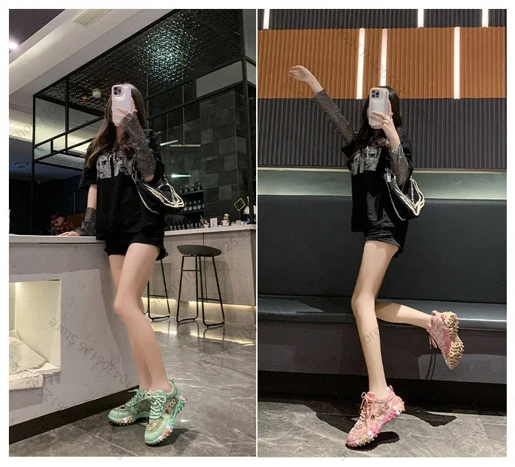 Women's Casual Sneakers Fashion Luxury Rhinestone Ladies Shoes 2024 New Outdoor Platform Female Sports Shoes Vulcanized Shoes SS69