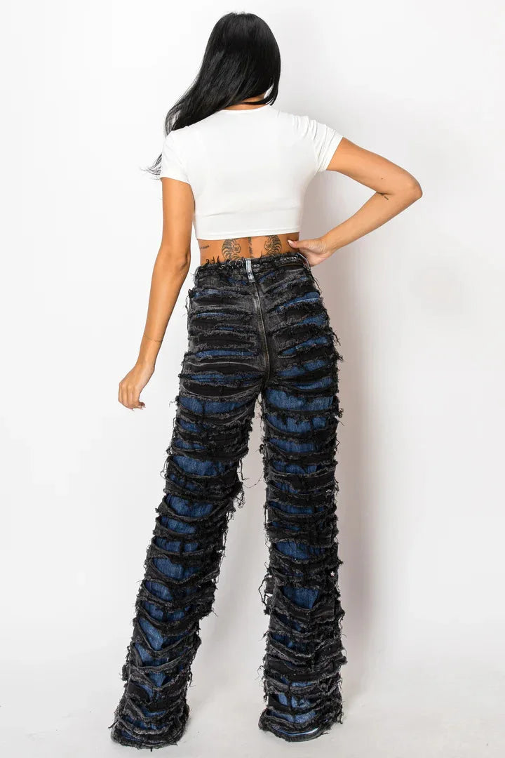 CM.YAYA Street Denim Pants Women Ripped Out Striped High Waist Zipper Jeans 2024 Fall Trousers Streetwear Straight Party Pants SS69