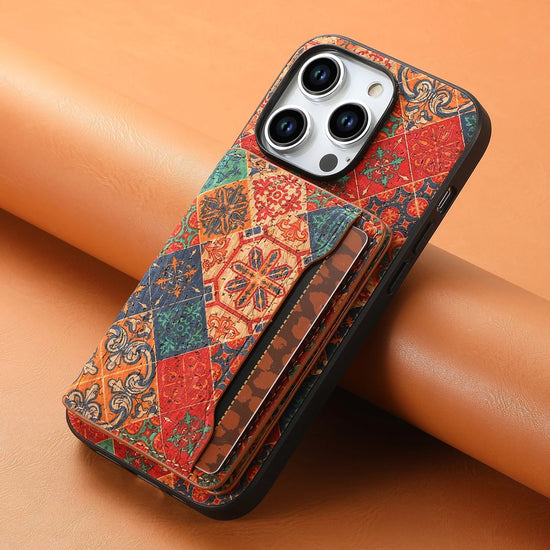 Denior Suitable For iPhone 16/15/14 Plus Premium Floral Totem Cork Phone Case For iPhone 13/12 Pro Max Card Holder Back Cover SS69 19.69 Blue / For iPhone 15 Plus / United States|Wood