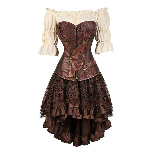 Brown Pirate Dress Plus Size Faxu Leather Steampunk Corset Dress with Shoulder Off Blouse Cosplay Pirate Costume for Women SS69