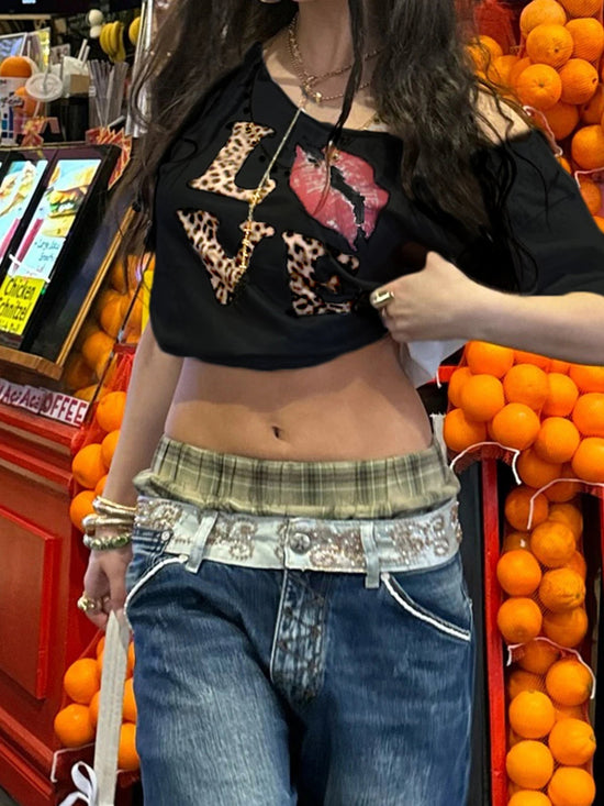 Cuteandpsycho Casual Sexy Crewneck Cropped Tops Slim Streetwear Summer Elastic Vintage Tees Short Sleeved Y2k Punk Clothings SS69