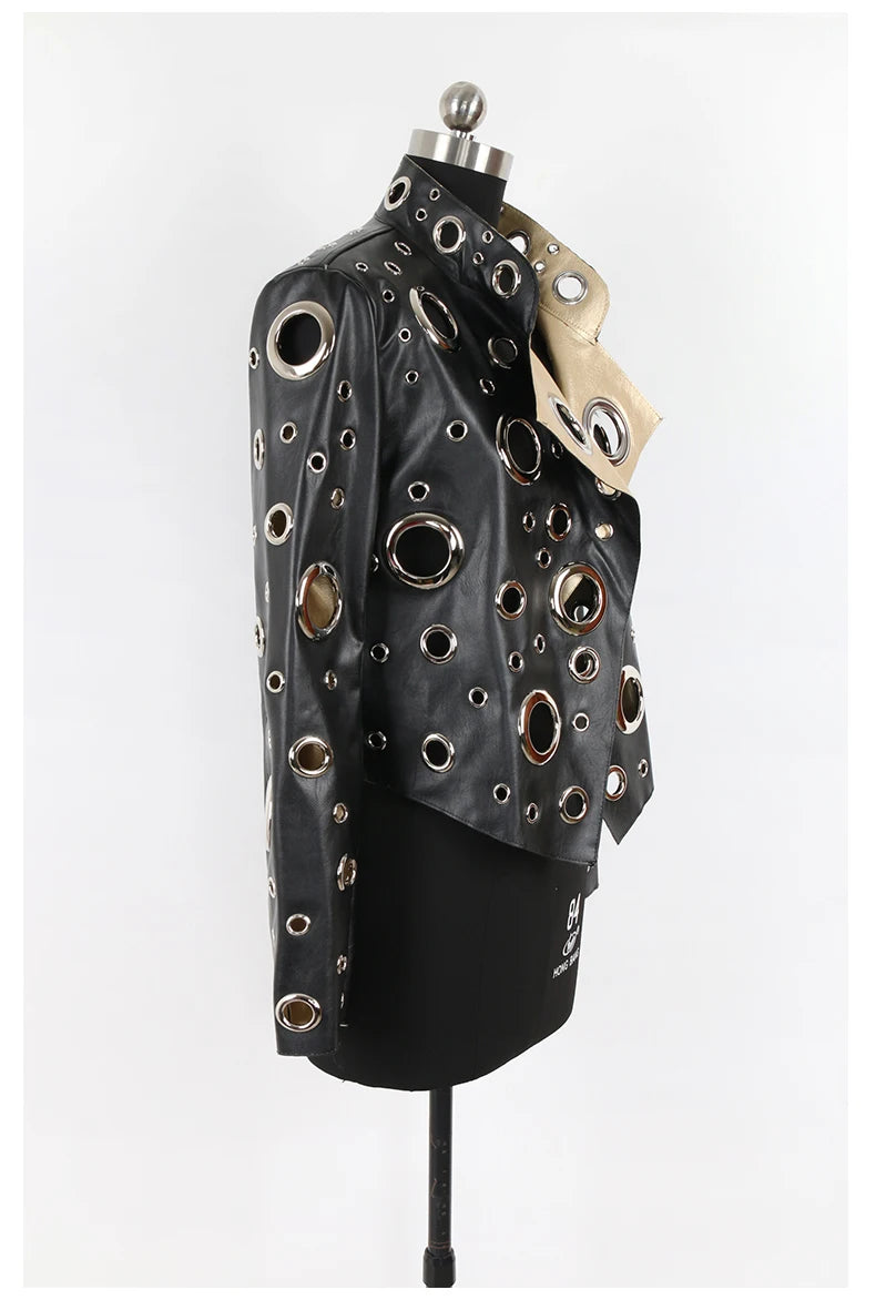 Nerazzurri Women's Faux Leather Jacket with Rivets & Hollow Out Detail