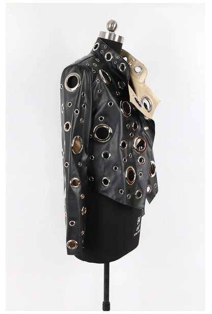 Nerazzurri Spring Autumn Short Hollow Out Pu Leather Jacket Women Rivet Cool Stylish Luxury Designer Clothes Runway Fashion 2024