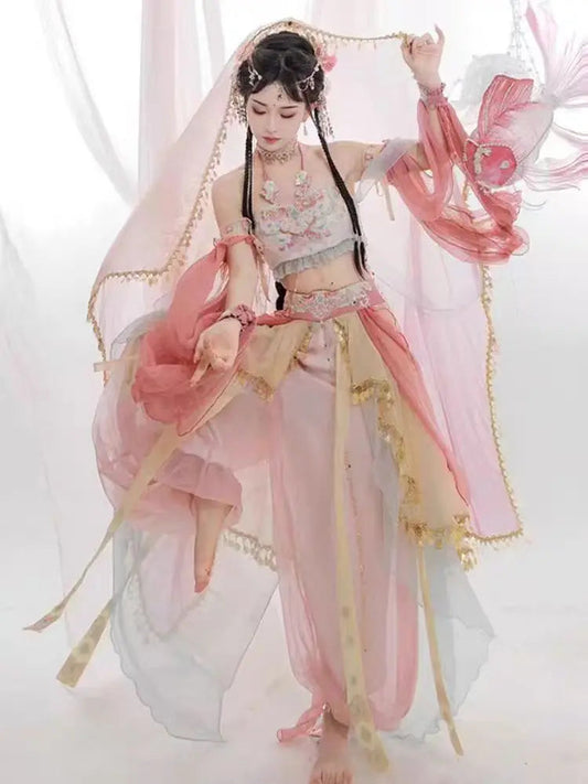 Dunhuang Feitian Chinese style printed silk Hanfu 4-piece set, high-end retro Hanfu, high-end satin embroidery craftsmanship SS69 201.69 S