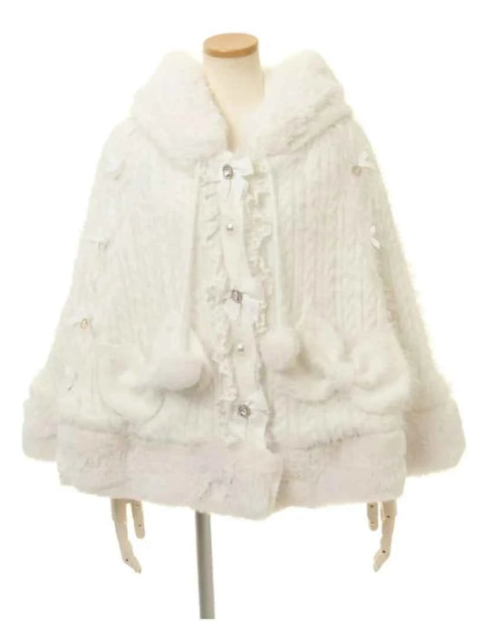 Autumn and Winter Japanese Liz Furry Knitted Cape Coat Sweet Girls Women Mine Series Cute Bow Princess Hooded Kawaii Lolita Coat