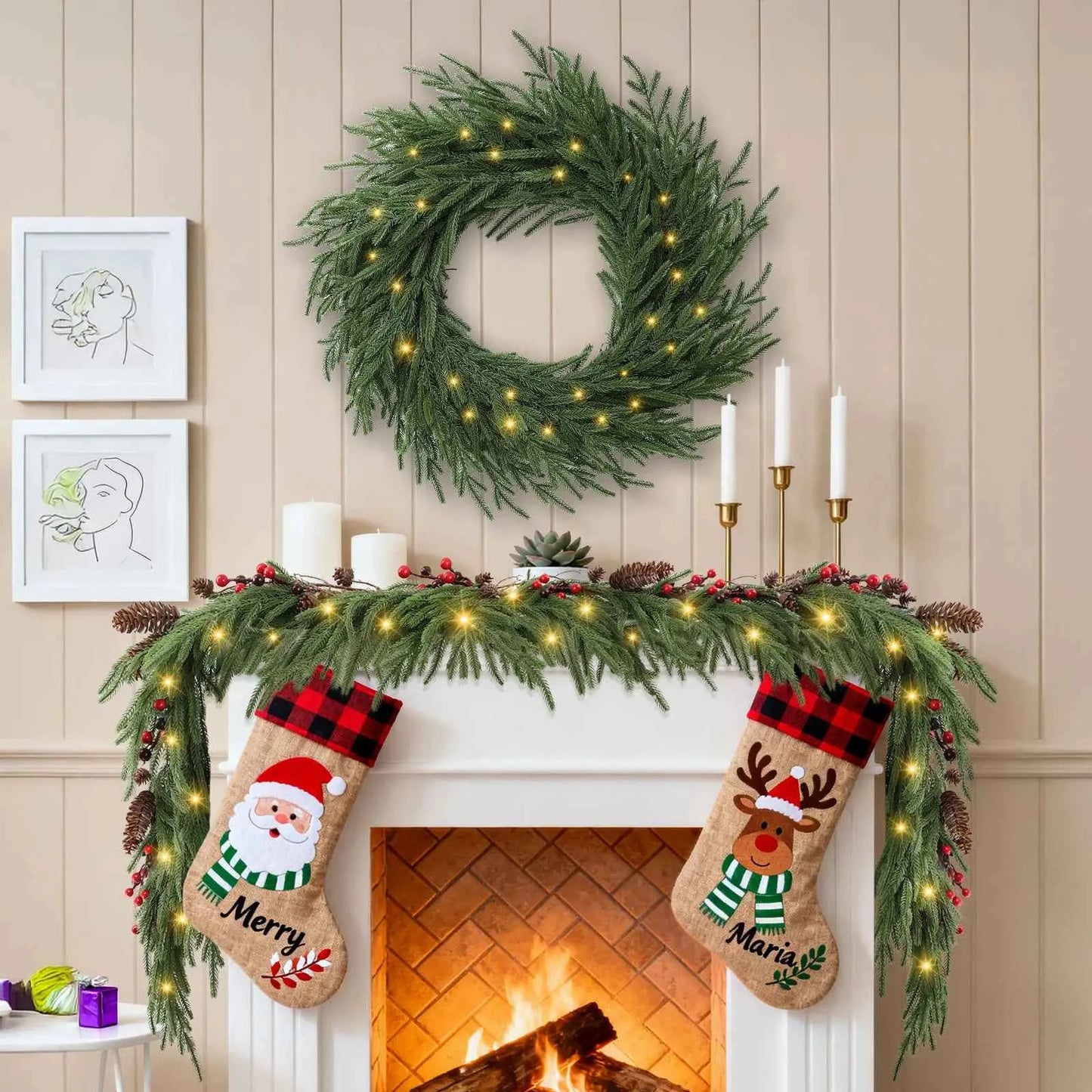 Norfolk Pine Holiday Wreath with LED Lights & Ribbon  24 Inch Battery Powered Front Door Decoration