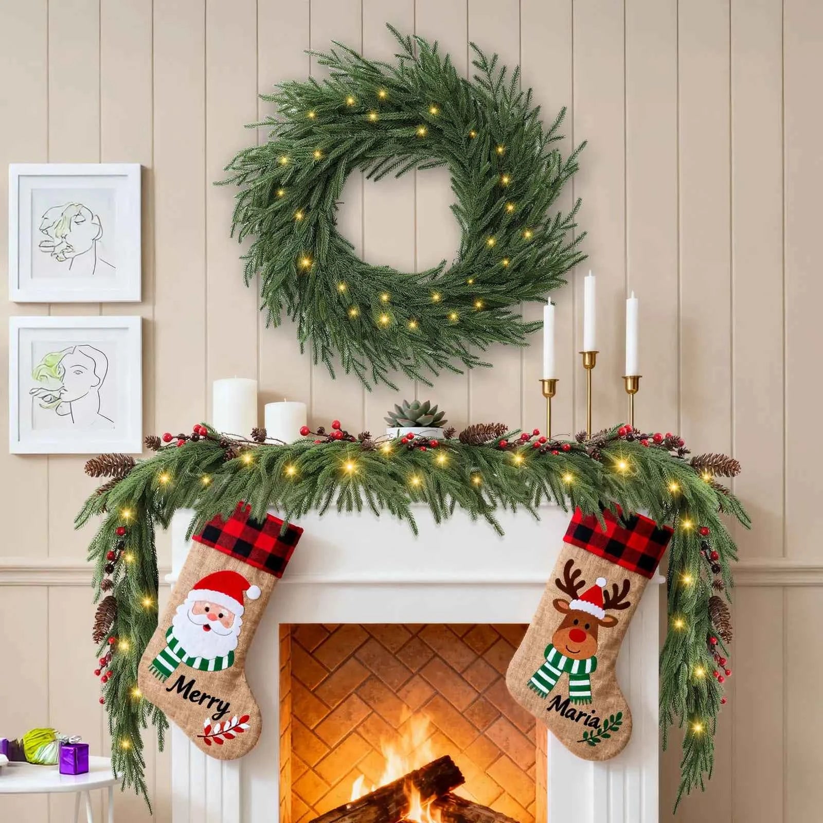 Norfolk Pine Holiday Wreath with LED Lights & Ribbon  24 Inch Battery Powered Front Door Decoration