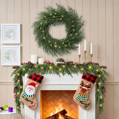 Norfolk Pine Holiday Wreath with LED Lights & Ribbon  24 Inch Battery Powered Front Door Decoration