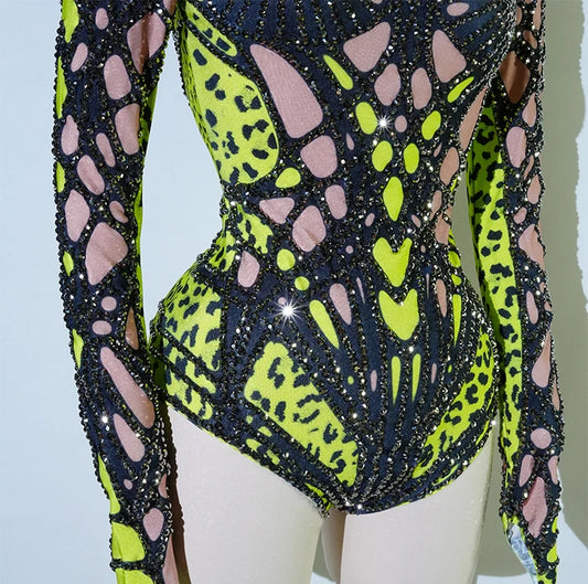 SS69 Women's Rhinestone Embellished Green Bodysuit High Elasticity Dance Outfit