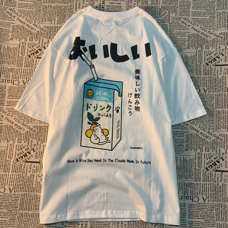 Cute Japanese Cat Print Oversized T-shirt Women Men Short Sleeve Loose Casual Tee Shirt Streetwear Tops Cotton Harajuku Clothing SS69