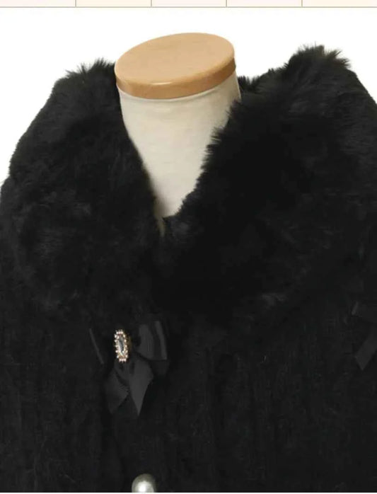 Autumn and Winter Japanese Liz Furry Knitted Cape Coat Sweet Girls Women Mine Series Cute Bow Princess Hooded Kawaii Lolita Coat