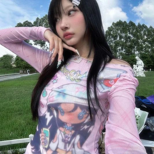 Karrram Japanese Y2k Anime Print Mesh Tops 2000s Aesthetics Pink Sheer Top Vintage Harajuku Kawaii See Through T-shirt Lolita SS69
