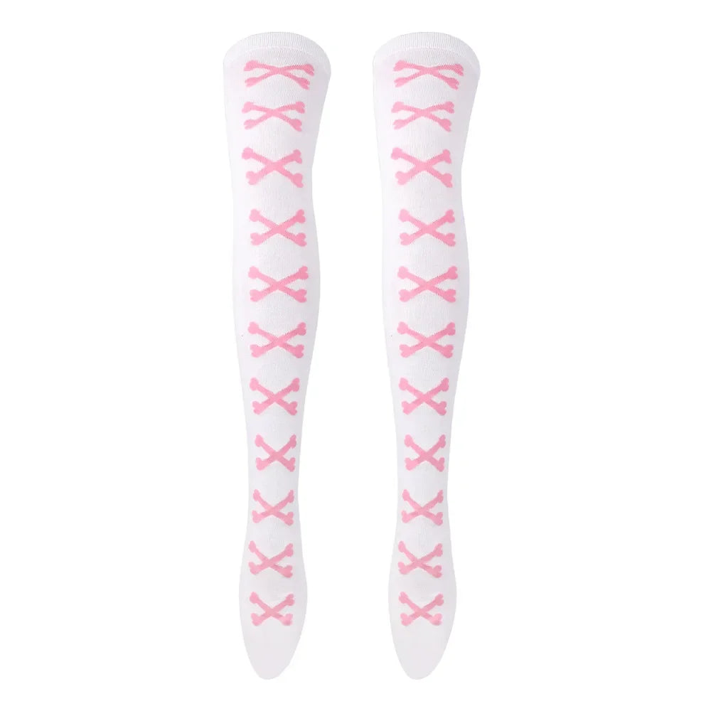 SS69 Women's Bone Print Thigh High Socks - Cotton Blend Cosplay Stockings