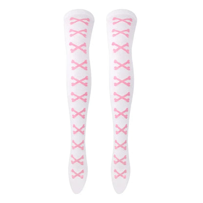 SS69 Women's Bone Print Thigh High Socks - Cotton Blend Cosplay Stockings