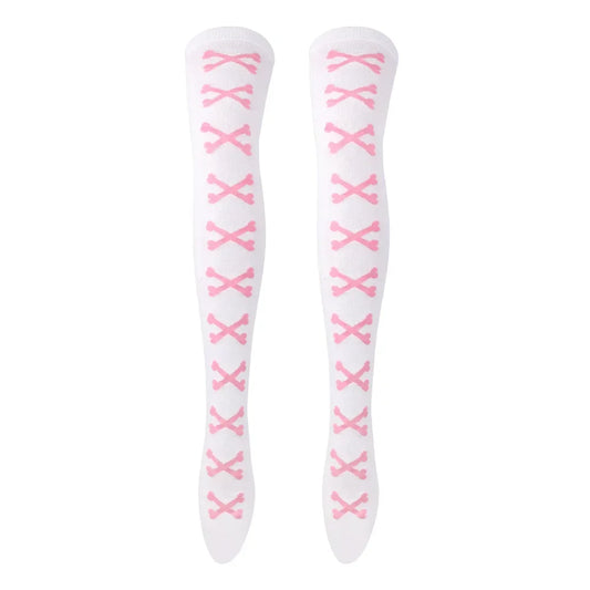 SS69 Women's Bone Print Thigh High Socks - Cotton Blend Cosplay Stockings
