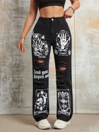 2025 New Style Women's Jeans Women's Spring And Autumn New Hot Selling Street INS Same Style Print Ripped Straight Jeans - SS69