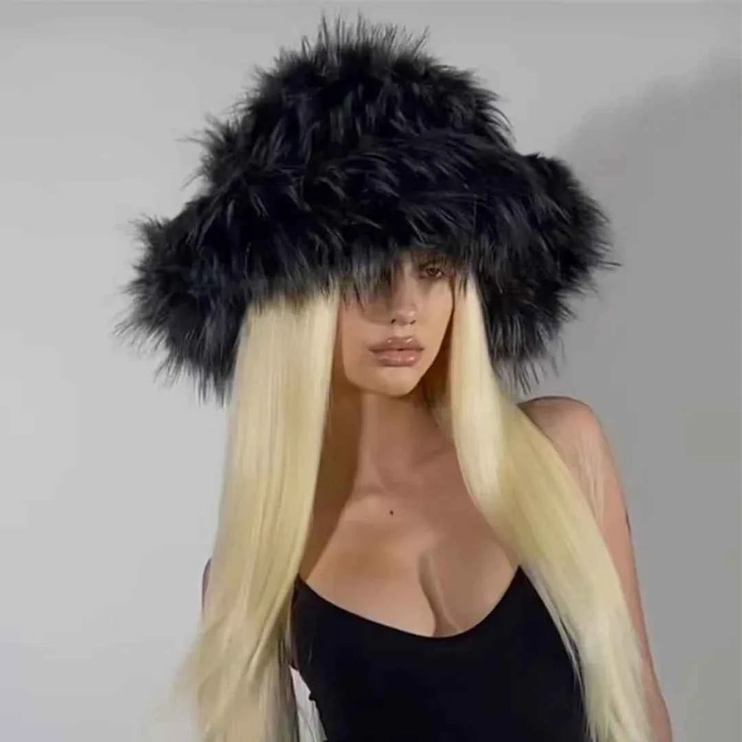 Luxury Fluffy Women Faux Fur Bucket Hats Oversized 17cm Wide Brim Thicken Outdoor Warm Plush Punk Hat Girl Y2k Female Ski Panama