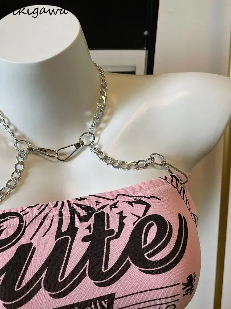 Crop Tops Fashion Summer Tanks Women Clothing Sweet Pink Letter Backless Tunic Camis Harajuku Chain Sexy Y2k Vest Ropa Mujer SS69