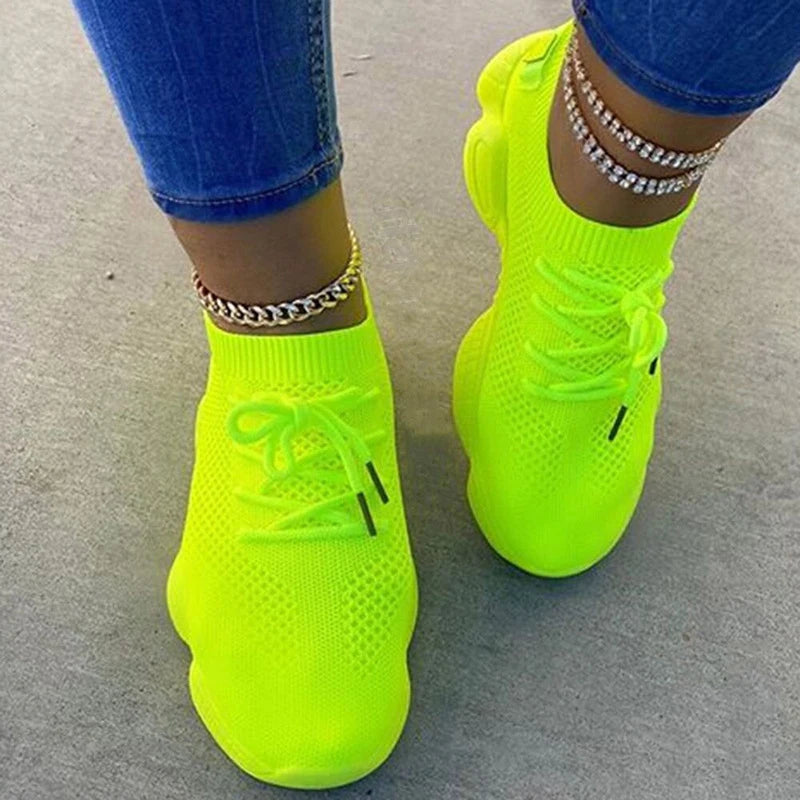 Fitshinling Fashion New Neon Women's Sneakers Athleisure Shoes For Women Lace Up Casual Flats Shoe SS69 20.69 neon green / 41