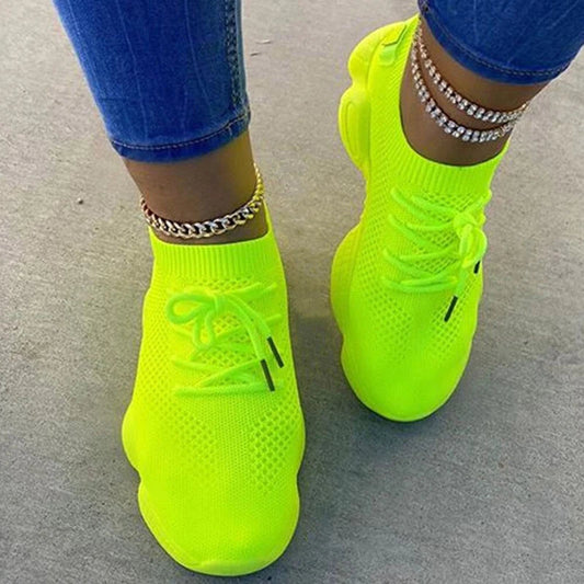 Fitshinling Fashion New Neon Women's Sneakers Athleisure Shoes For Women Lace Up Casual Flats Shoe SS69 20.69 neon green / 41