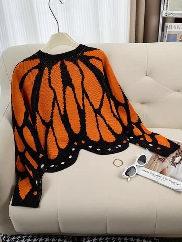 Aesthetic Butterfly Wing Sweater Women Mesh Collar Knitted Cardigan Elegant Fall Winter Long Sleeve Coat Casual Outerwear